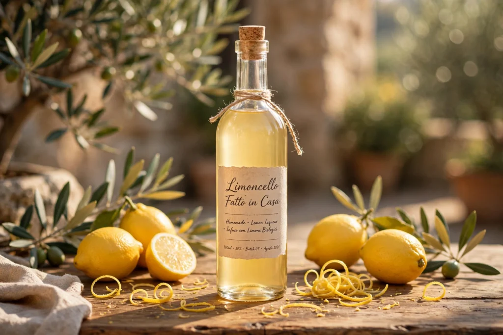 Citronelli Rezept – Flasche mit selbstgemachtem italienischem Zitronenlikör und frischen Bio-Zitronen