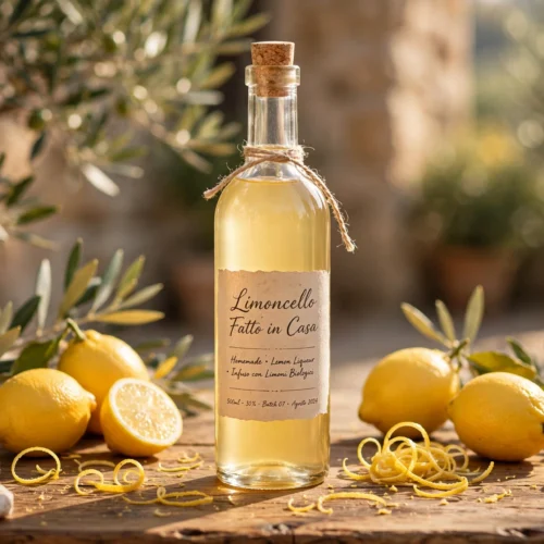 Citronelli Rezept – Flasche mit selbstgemachtem italienischem Zitronenlikör und frischen Bio-Zitronen