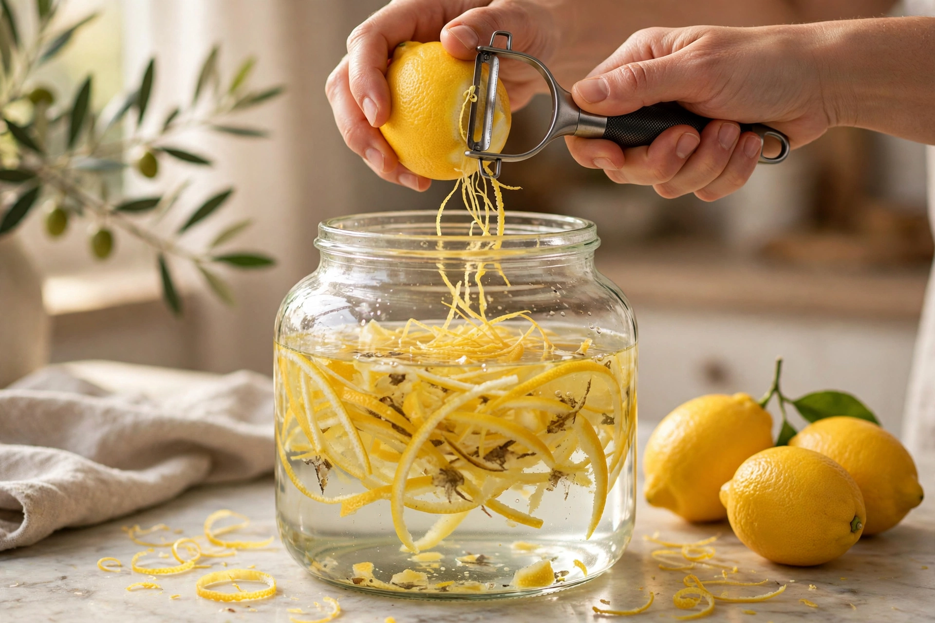 Citronelli Rezept – Zitronenschalen werden in Alkohol angesetzt
