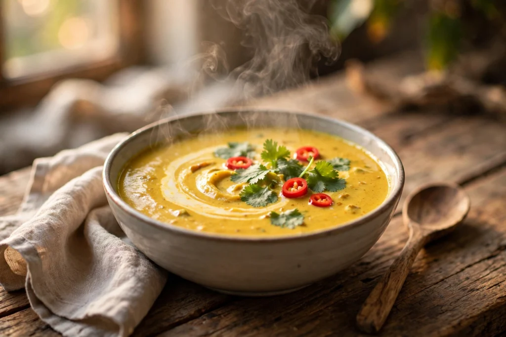Curry Suppe Rezept – cremige Currysuppe mit Kokosmilch, Koriander und Chilis in einer Schale auf Holztisch