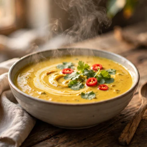 Curry Suppe Rezept – cremige Currysuppe mit Kokosmilch, Koriander und Chilis in einer Schale auf Holztisch