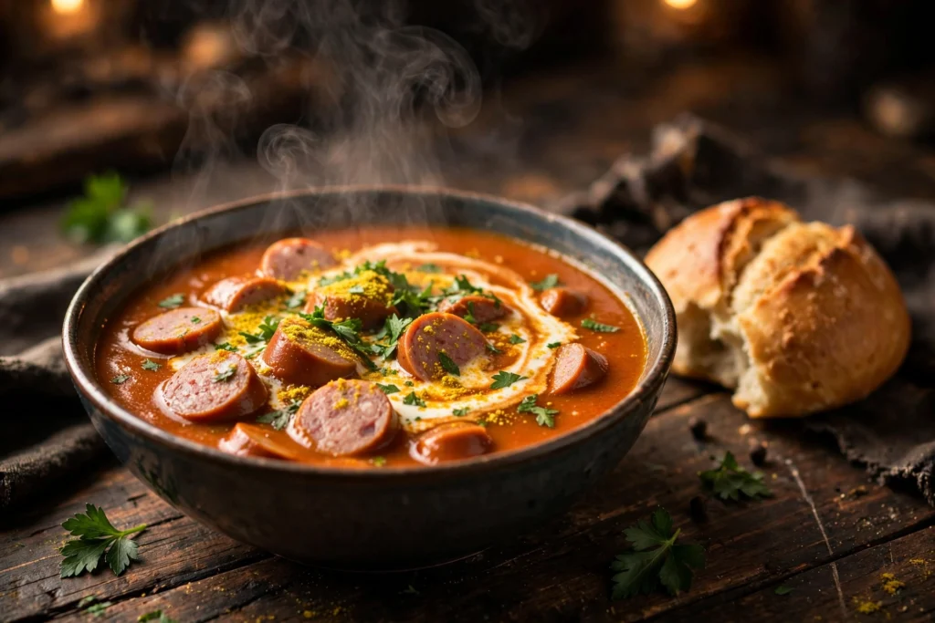 Currywurst Suppe Rezept – dampfende Currywurstsuppe mit Bratwurstscheiben in Curry-Tomaten-Brühe in einer Schüssel