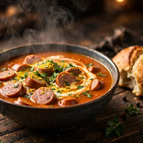 Currywurst Suppe Rezept – dampfende Currywurstsuppe mit Bratwurstscheiben in Curry-Tomaten-Brühe in einer Schüssel