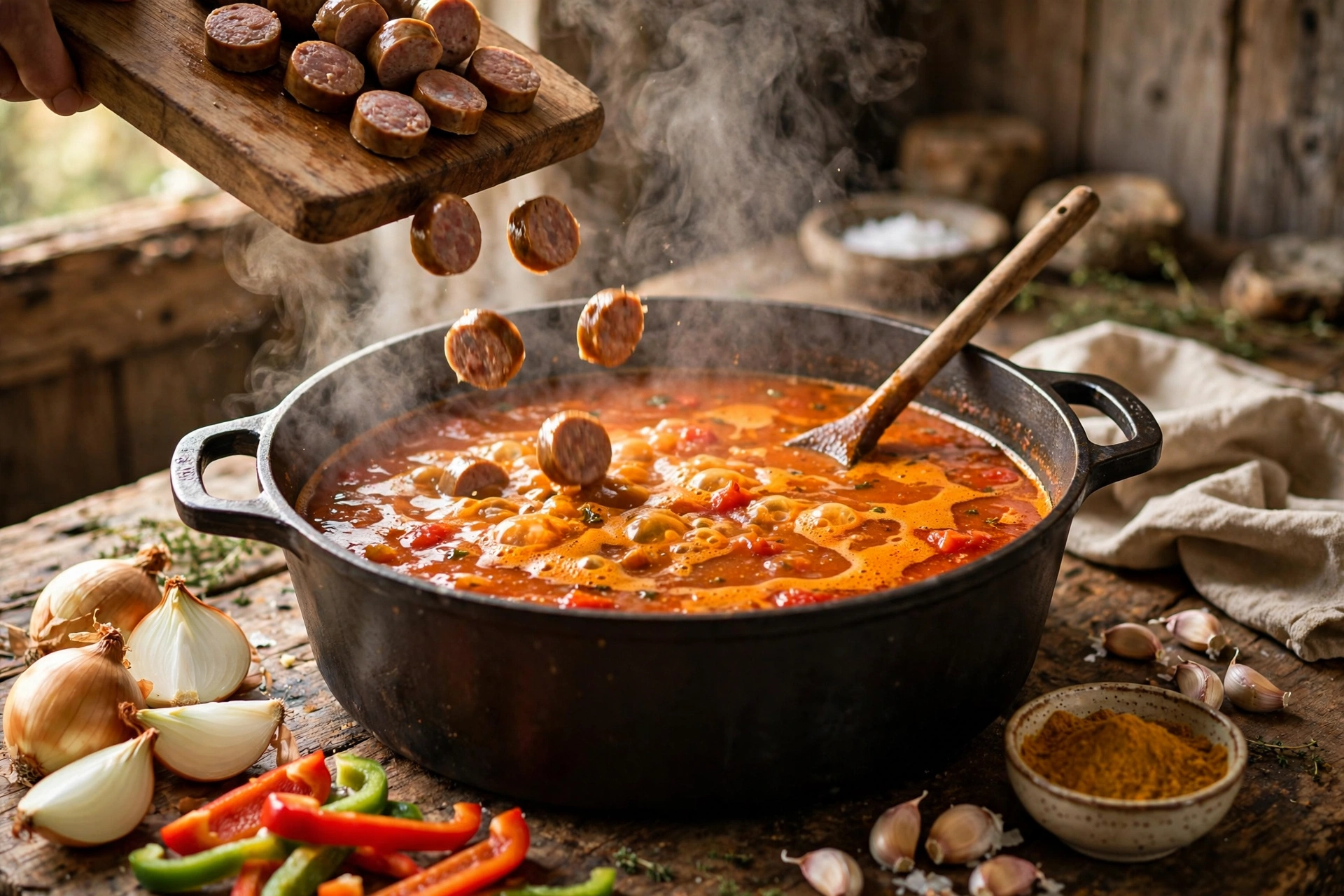 Currywurst Suppe Rezept – in Scheiben geschnittene Bratwurst wird in den Topf mit würziger Curry-Tomaten-Brühe gegeben