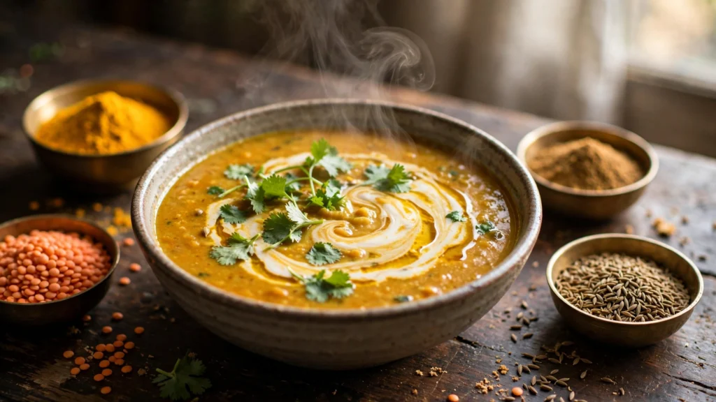 Dal Suppe Rezept – goldene indische Linsensuppe mit Kokosmilch, Koriander und Gewürzen in einer Schüssel
