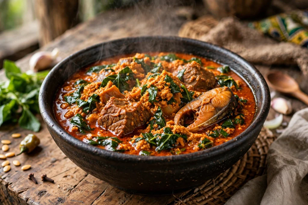 Egusi Suppe Rezept – dampfende nigerianische Melonenkernsuppe mit Spinat und Rindfleisch in dunkler Schale