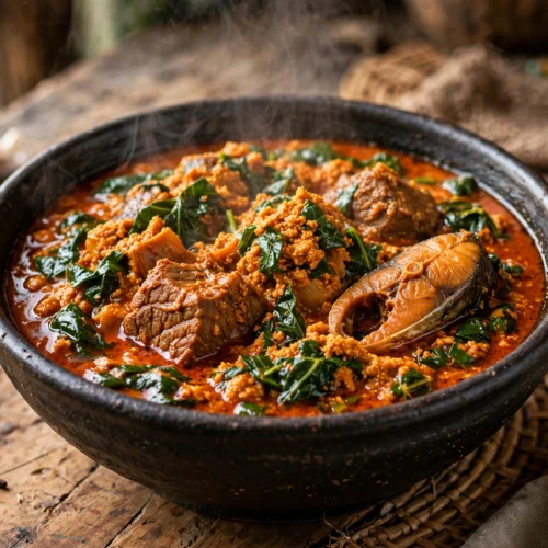Egusi Suppe Rezept – dampfende nigerianische Melonenkernsuppe mit Spinat und Rindfleisch in dunkler Schale