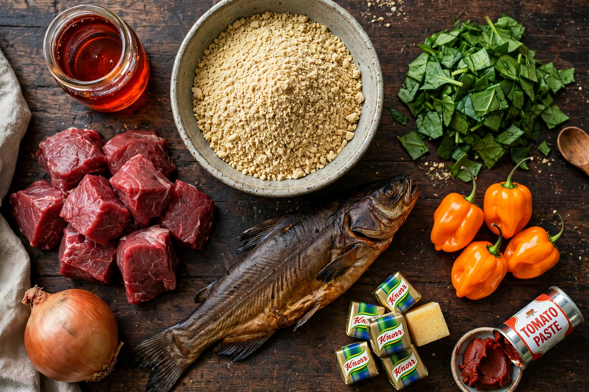 Egusi Suppe Rezept – Zutaten im Überblick: gemahlene Melonenkerne, Palmöl, Spinat, Rindfleisch und Chilis