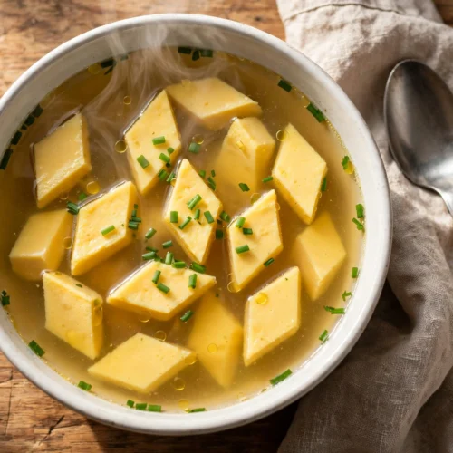 Eierstich für Suppe Rezept – goldgelber Eierstich in Rauten in klarer Brühe serviert