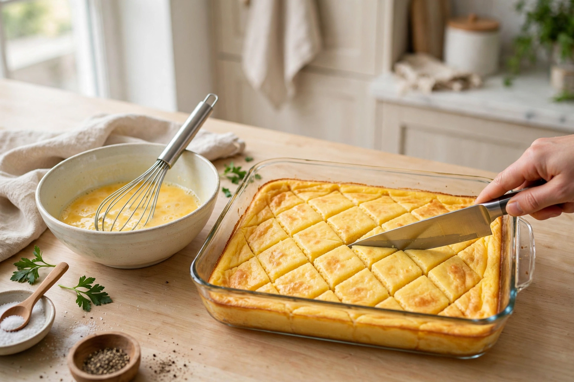 Eierstich für Suppe Rezept – frisch gebackener Eierstich wird in der Form in Rauten geschnitten