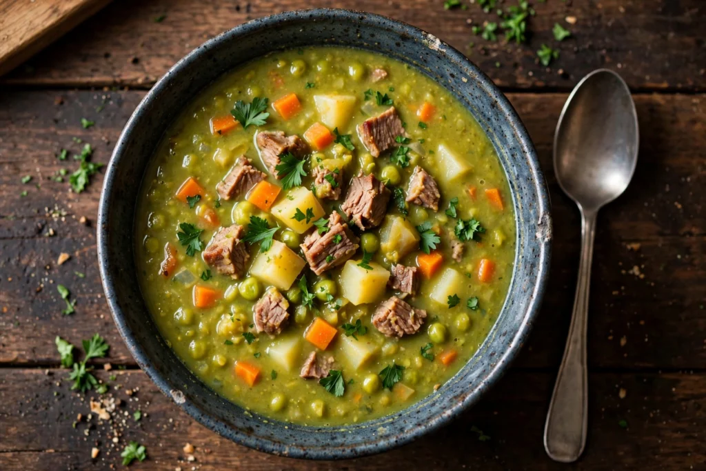 Erbsen Suppe Rezept – klassische deutsche Erbsensuppe mit Kasseler, Karotten und Kartoffeln in der Schüssel