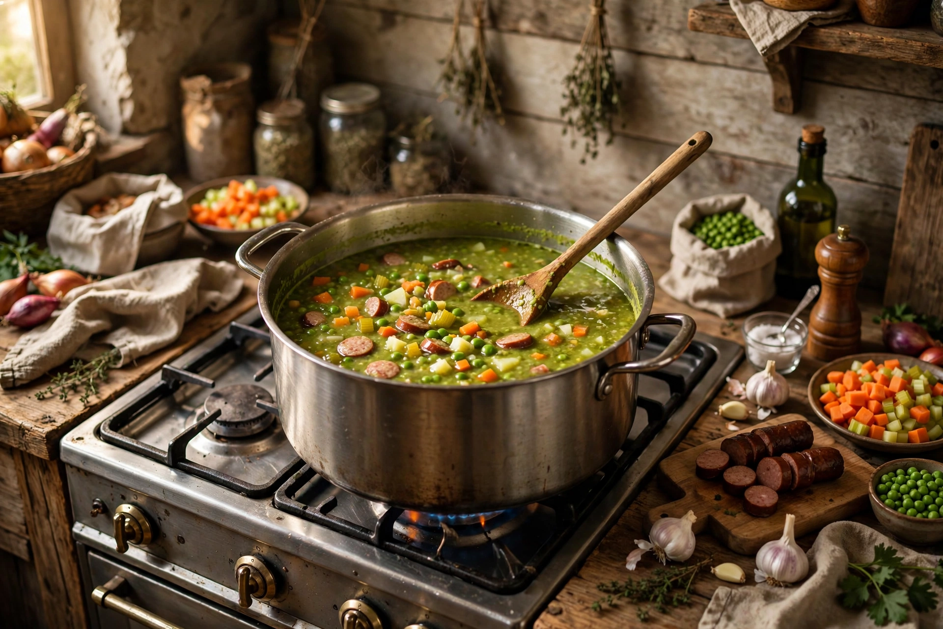 Erbsen Suppe Rezept – simmernde Erbsensuppe mit Kasseler, Karotten und Kartoffeln im großen Suppentopf