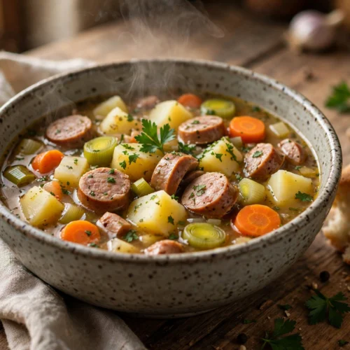 Faule Weiber Suppe Rezept – dampfende deftige Kartoffel-Gemüse-Suppe mit Würstchenscheiben und Petersilie in rustikaler Schüssel auf Holztisch