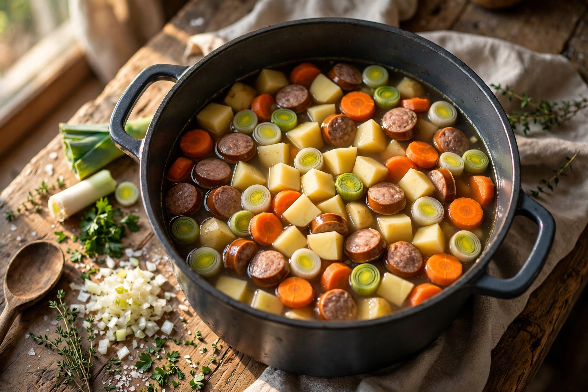 Faule Weiber Suppe Rezept – Zubereitung: gewürfelte Kartoffeln, Karotten, Lauch und Würstchenscheiben im Topf, Brühe und Kräuter bereit
