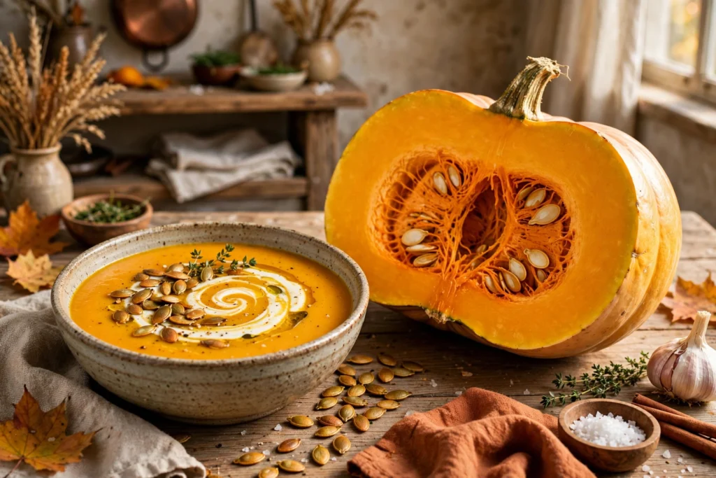 Gelber Zentner Kürbis Suppe Rezept – Cremige Kürbissuppe mit Kürbiskernen und Kürbiskernöl