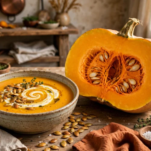 Gelber Zentner Kürbis Suppe Rezept – Cremige Kürbissuppe mit Kürbiskernen und Kürbiskernöl