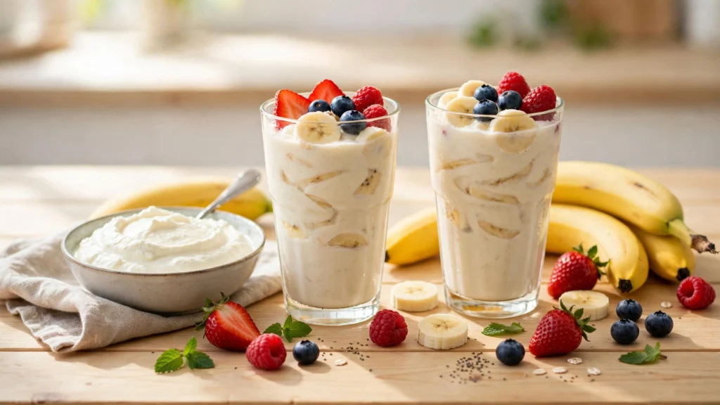 Magerquark trinken Rezept – cremige Quark-Shakes mit Banane und Beeren in Gläsern