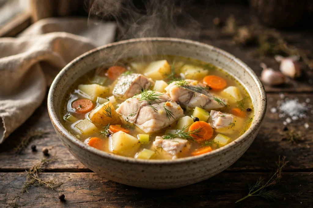 Fisch Suppe Rezept – dampfende Schale Fischsuppe mit Kabeljaufilet-Stücken, Kartoffeln, Karotten und Dill in goldener Brühe