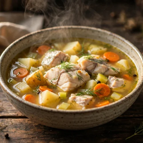 Fisch Suppe Rezept – dampfende Schale Fischsuppe mit Kabeljaufilet-Stücken, Kartoffeln, Karotten und Dill in goldener Brühe