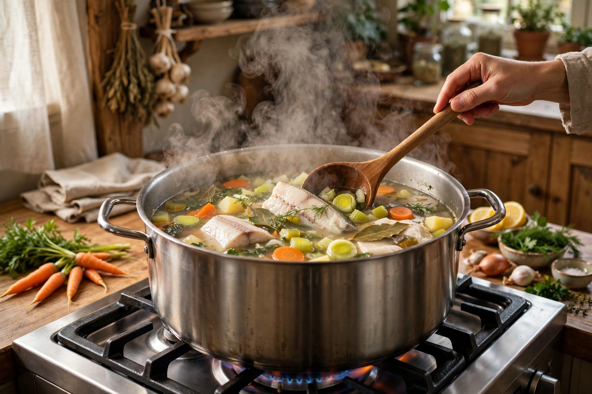 Fisch Suppe Rezept – Zubereitung im Topf: Fischfilets und Gemüse werden mit dem Holzlöffel gerührt