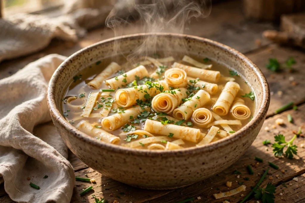 Flädle Suppe Rezept – goldene Brühe mit feinen Pfannkuchenstreifen und Schnittlauch in einer Schüssel
