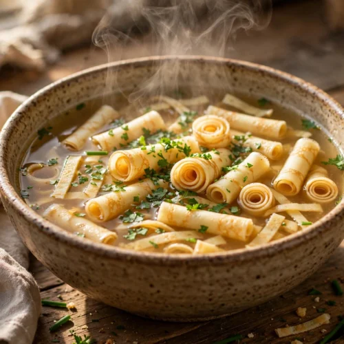 Flädle Suppe Rezept – goldene Brühe mit feinen Pfannkuchenstreifen und Schnittlauch in einer Schüssel