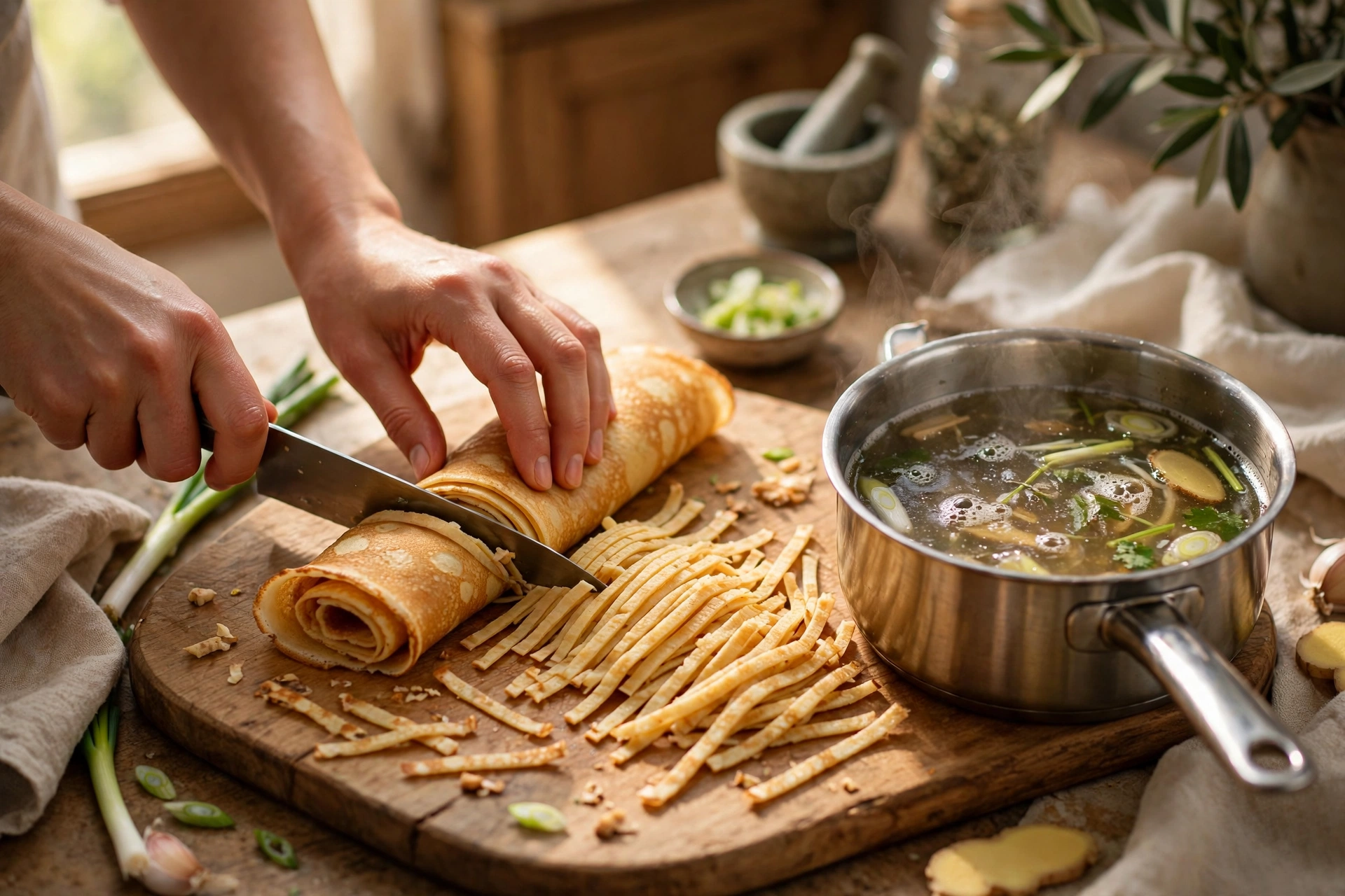 Flädle Suppe Rezept – Zubereitung: aufgerollter Pfannkuchen wird in feine Streifen geschnitten, daneben ein Topf mit klarer Brühe