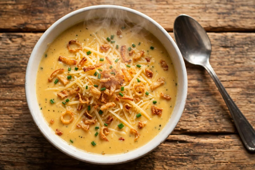 Friss dich dumm Suppe Rezept – dampfende Schüssel cremiger Käsesuppe mit geriebenem Käse, Röstzwiebeln und Schnittlauch auf Holztisch