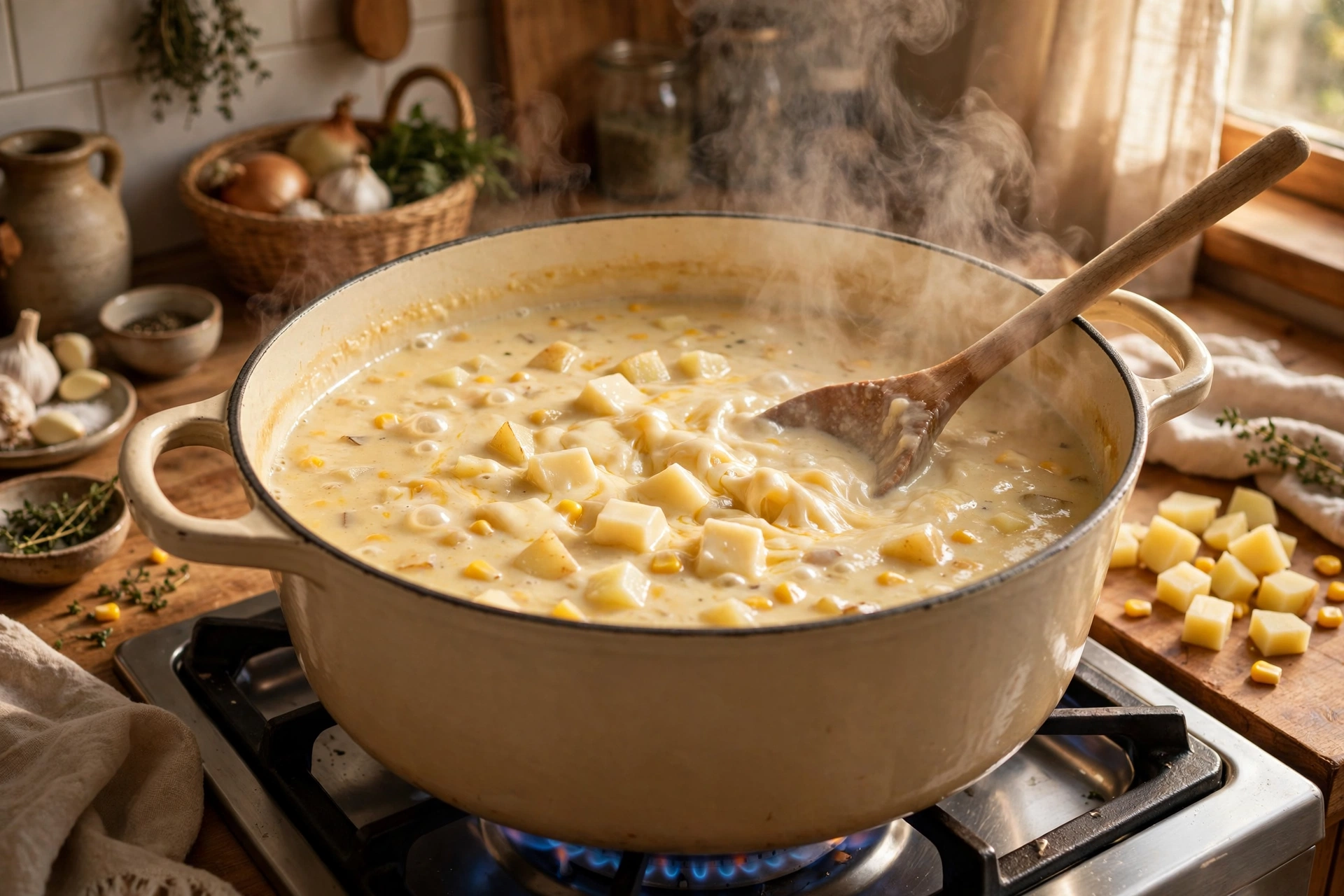 Friss dich dumm Suppe Rezept – köchelnder Topf mit cremiger Käsesuppe, Kartoffelwürfeln, Mais und schmelzendem Schmelzkäse
