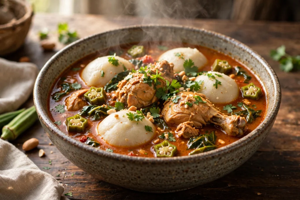 Fufu Suppe Rezept – dampfende Schüssel mit weichen Fufu-Klößchen in Tomaten-Erdnuss-Brühe mit Hähnchen, Okra und Kräutern