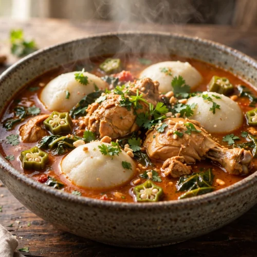 Fufu Suppe Rezept – dampfende Schüssel mit weichen Fufu-Klößchen in Tomaten-Erdnuss-Brühe mit Hähnchen, Okra und Kräutern