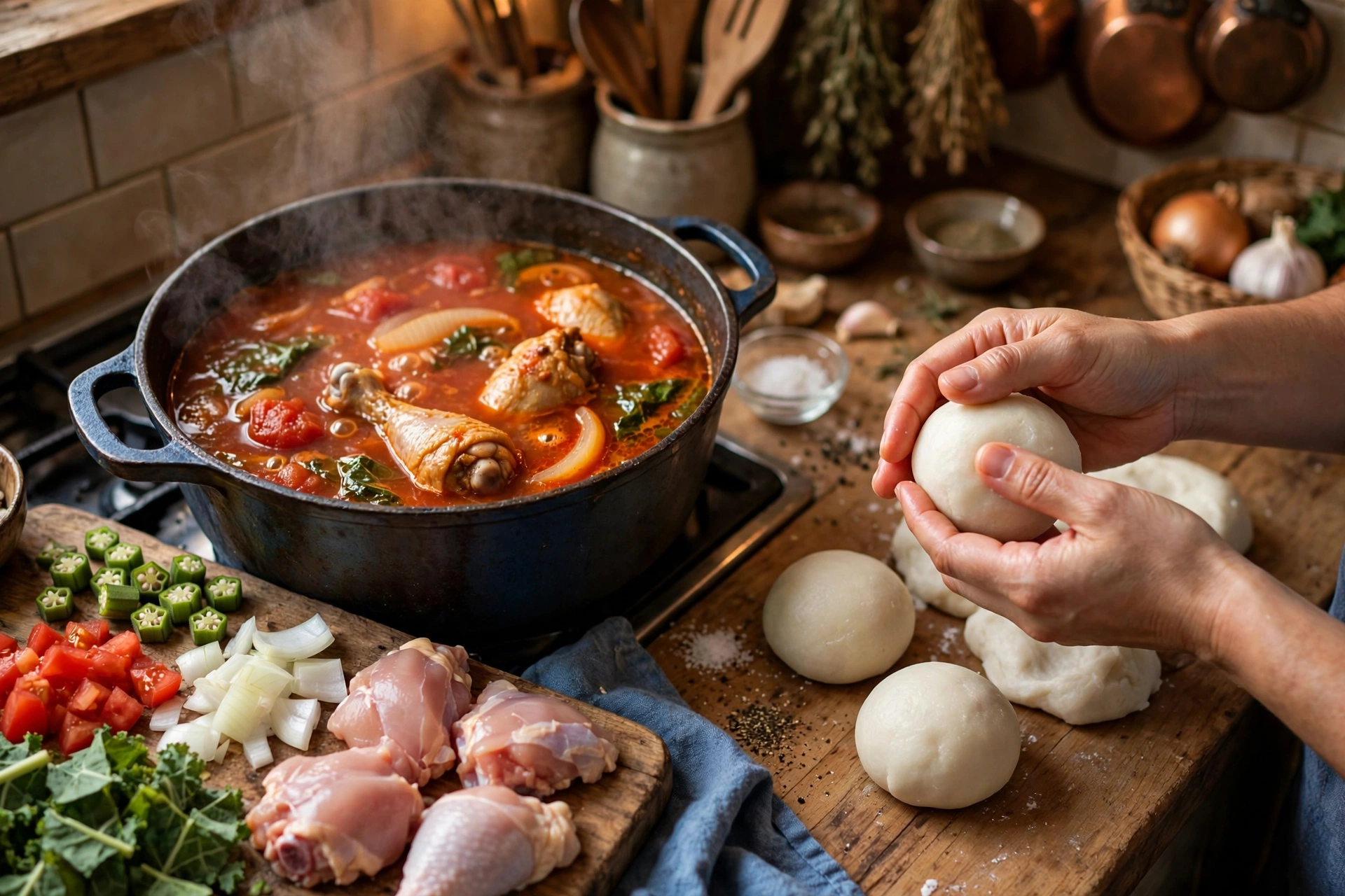 Fufu Suppe Rezept – Zubereitung: Hände formen weiche Fufu-Klößchen aus Maniokteig neben einem Topf mit Tomaten-Erdnuss-Brühe