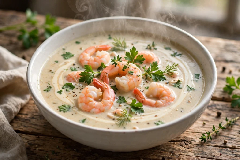 Garnelen Suppe Rezept – dampfende cremige Garnelensuppe mit Garnelen, Sahnehaube und Petersilie in weißer Schüssel auf Holztisch