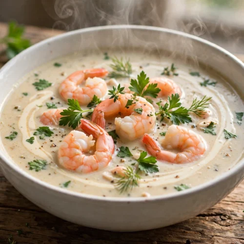 Garnelen Suppe Rezept – dampfende cremige Garnelensuppe mit Garnelen, Sahnehaube und Petersilie in weißer Schüssel auf Holztisch