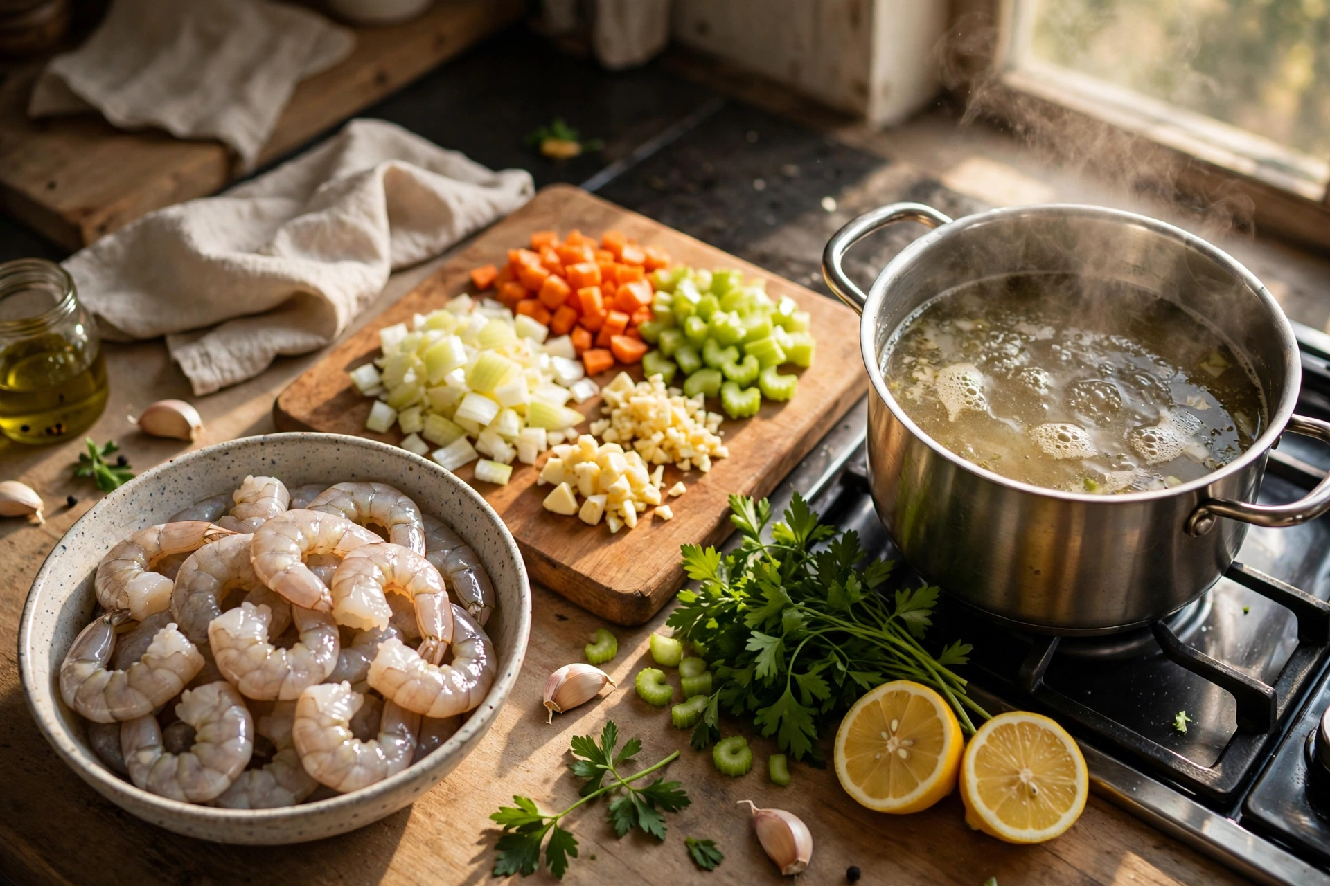 Garnelen Suppe Rezept – Zubereitung: rohe Garnelen, Zwiebeln, Knoblauch und Gemüse am Topf mit Brühe