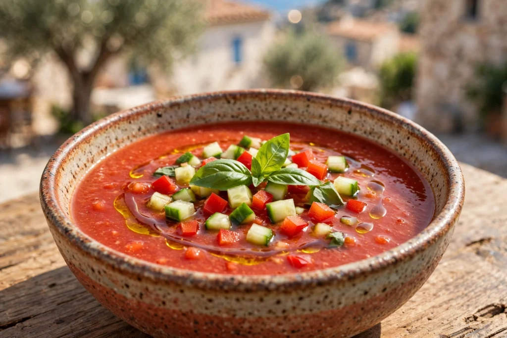 Gazpacho Suppe Rezept – kalte andalusische Tomatensuppe mit Gurkenwürfeln und Olivenöl