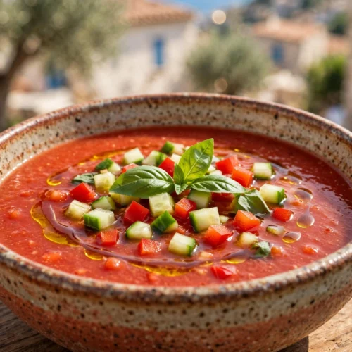 Gazpacho Suppe Rezept – kalte andalusische Tomatensuppe mit Gurkenwürfeln und Olivenöl