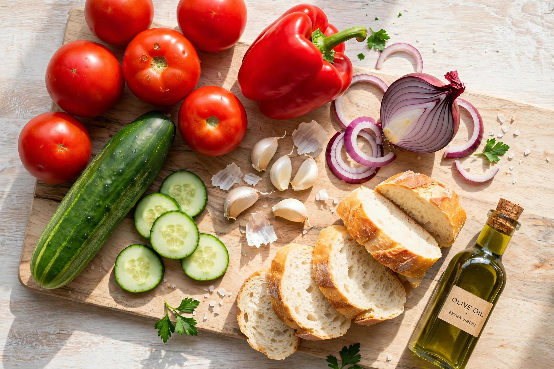Gazpacho Suppe Rezept – frische Zutaten: Tomaten, Gurke, Paprika, Knoblauch und Olivenöl