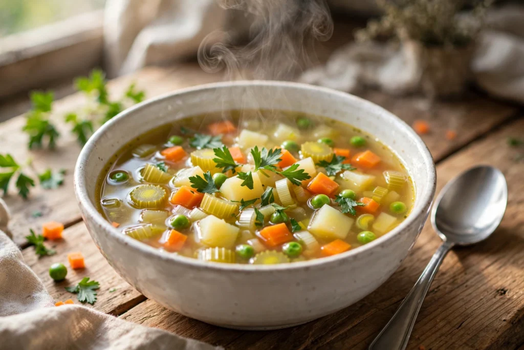 Gemüse Suppe Rezept – dampfende klassische Gemüsesuppe mit Karotten, Sellerie, Kartoffeln und Petersilie in weißer Schüssel