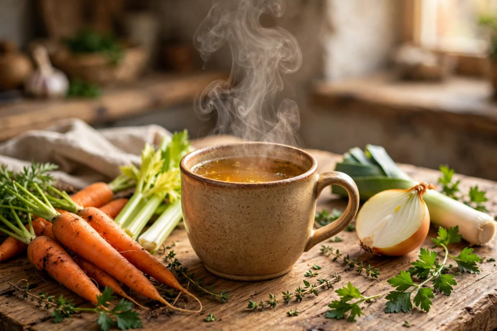 Gemüsebrühe trinken Rezept – dampfende Tasse Gemüsebrühe mit frischem Suppengemüse