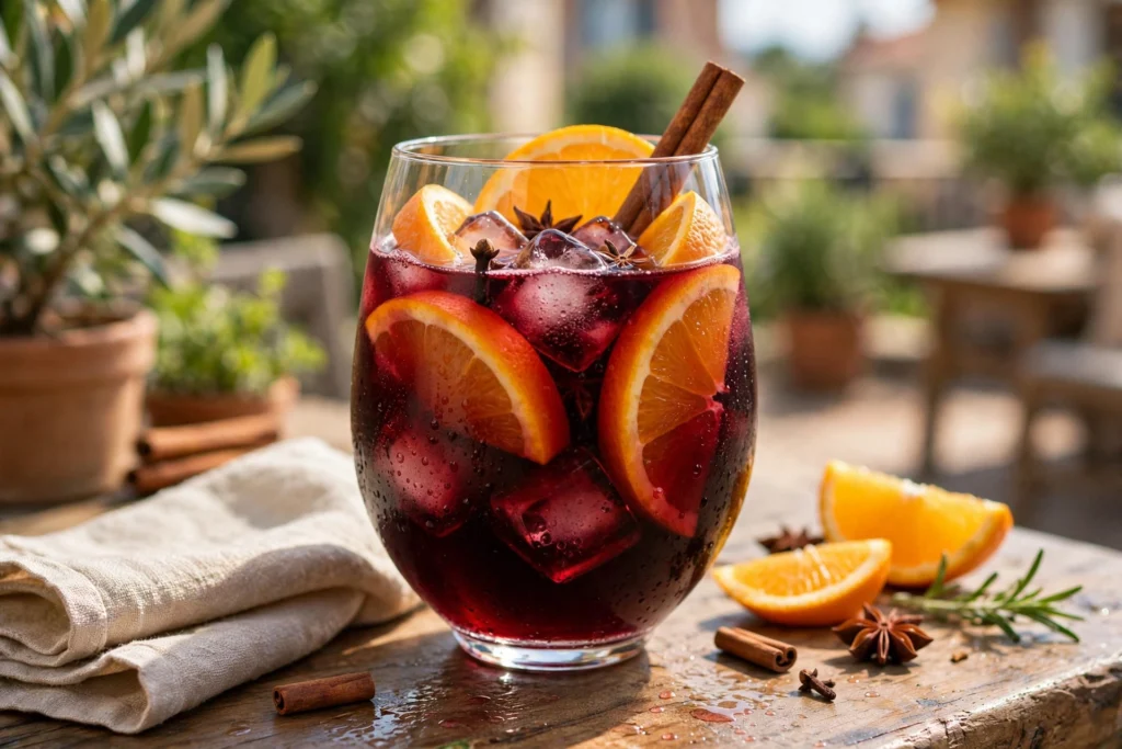Glühwein kalt trinken Rezept – eiskalter Gewürzwein im Glas mit Eiswürfeln und Orangenscheiben
