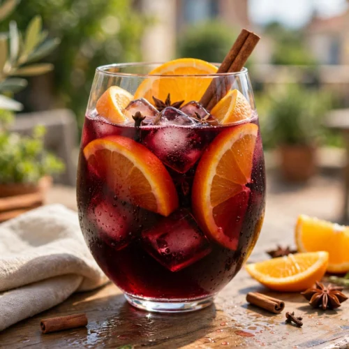 Glühwein kalt trinken Rezept – eiskalter Gewürzwein im Glas mit Eiswürfeln und Orangenscheiben
