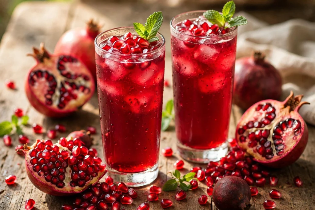Granatapfel Rezept Trinken – frisch gepresster Granatapfelsaft in Gläsern mit Kernen und Minze
