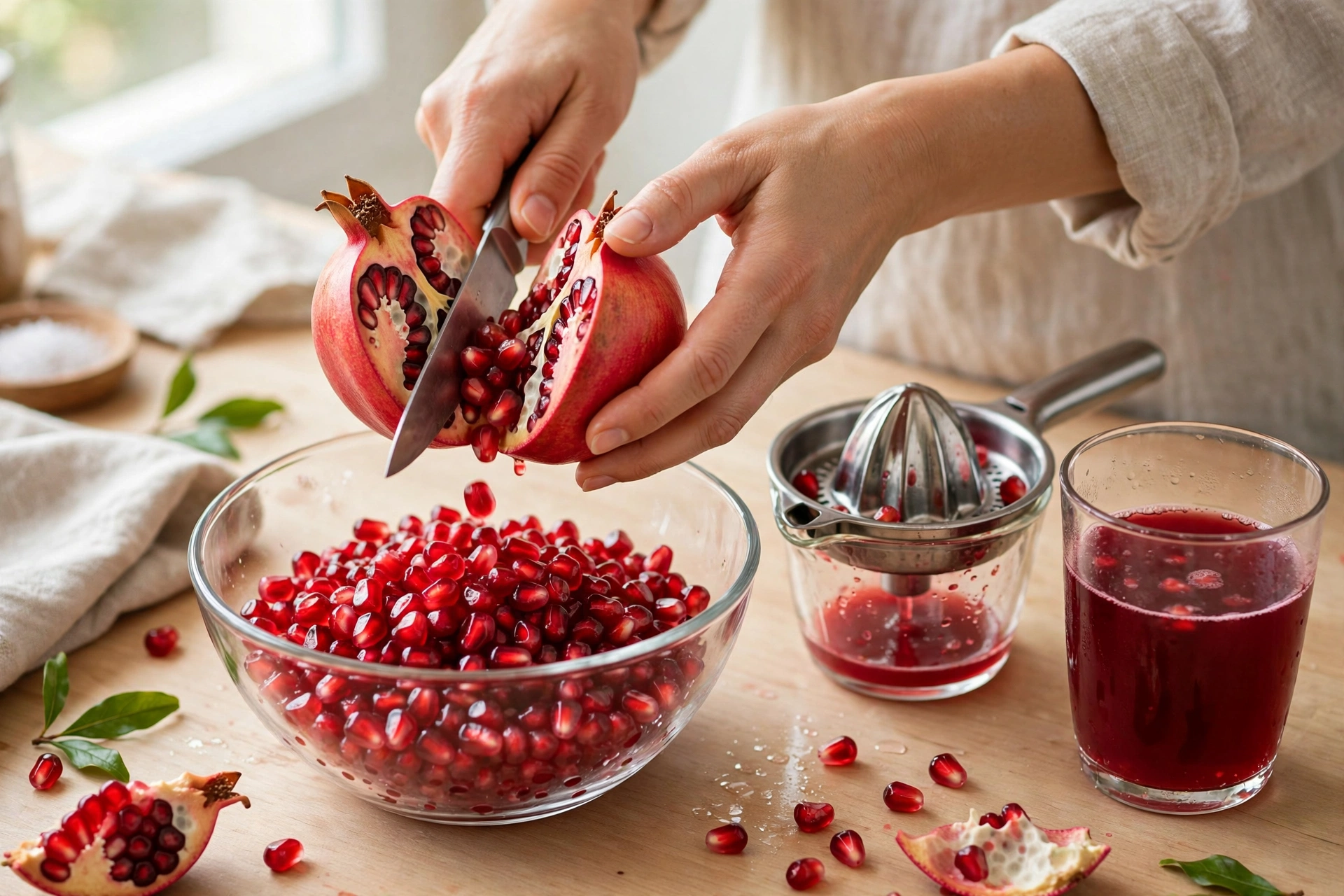 Granatapfel Rezept Trinken – Granatapfel aufschneiden und Kerne für Saft vorbereiten