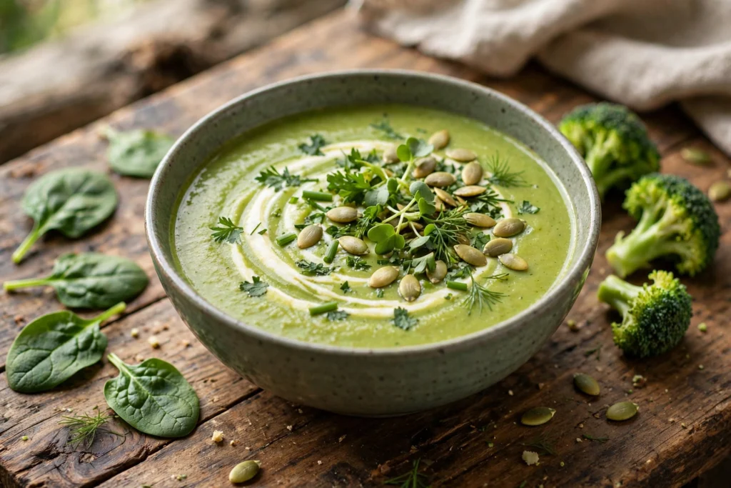 Grüne Suppe Rezept – cremige grüne Suppe mit Kräutern und Kernen in einer Schale