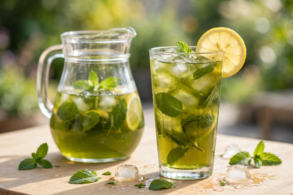 Grüner Tee kalt trinken Rezept – Glas mit eisgekühltem Grüntee, Zitrone und Minze