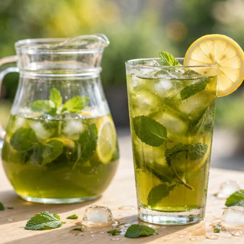 Grüner Tee kalt trinken Rezept – Glas mit eisgekühltem Grüntee, Zitrone und Minze