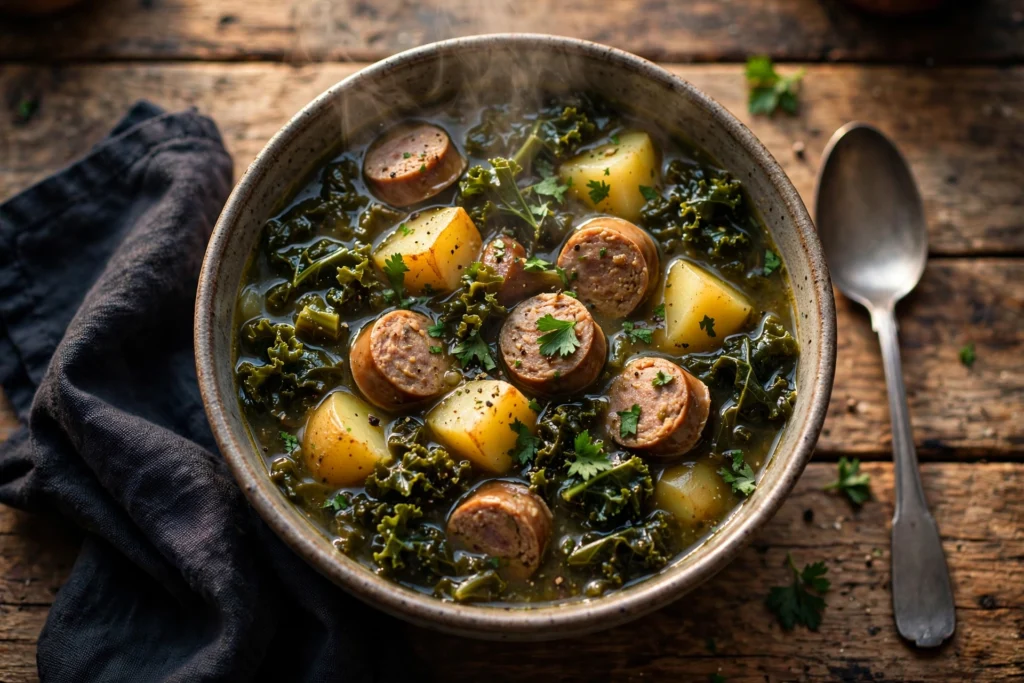 Grünkohl Suppe Rezept – dampfende Grünkohlsuppe mit Mettwurst, Kartoffeln und Petersilie auf dem Holztisch