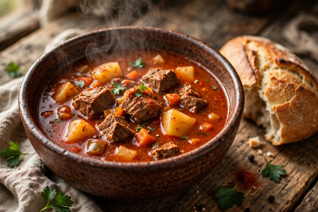 Gulasch Suppe Rezept – dampfende Gulaschsuppe mit Rindfleisch und Kartoffeln in rustikaler Schale