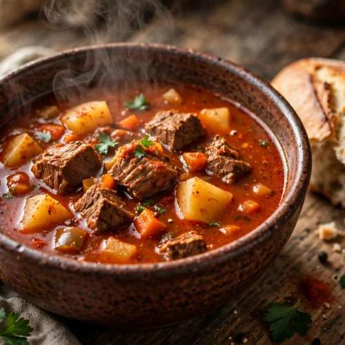 Gulasch Suppe Rezept – dampfende Gulaschsuppe mit Rindfleisch und Kartoffeln in rustikaler Schale